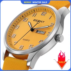 BERNY Watches for Men Quartz Casual Sports Male Watches Soft Silicone Strap Big Dial Calendar Week Easy Read Wristwatch