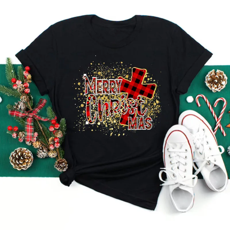 2024 Merry Chriatmas Woman Clothing Kawaii Print Shirt for Women Round Neck Short Sleeve woman T-Shirts Female Christmas Tee