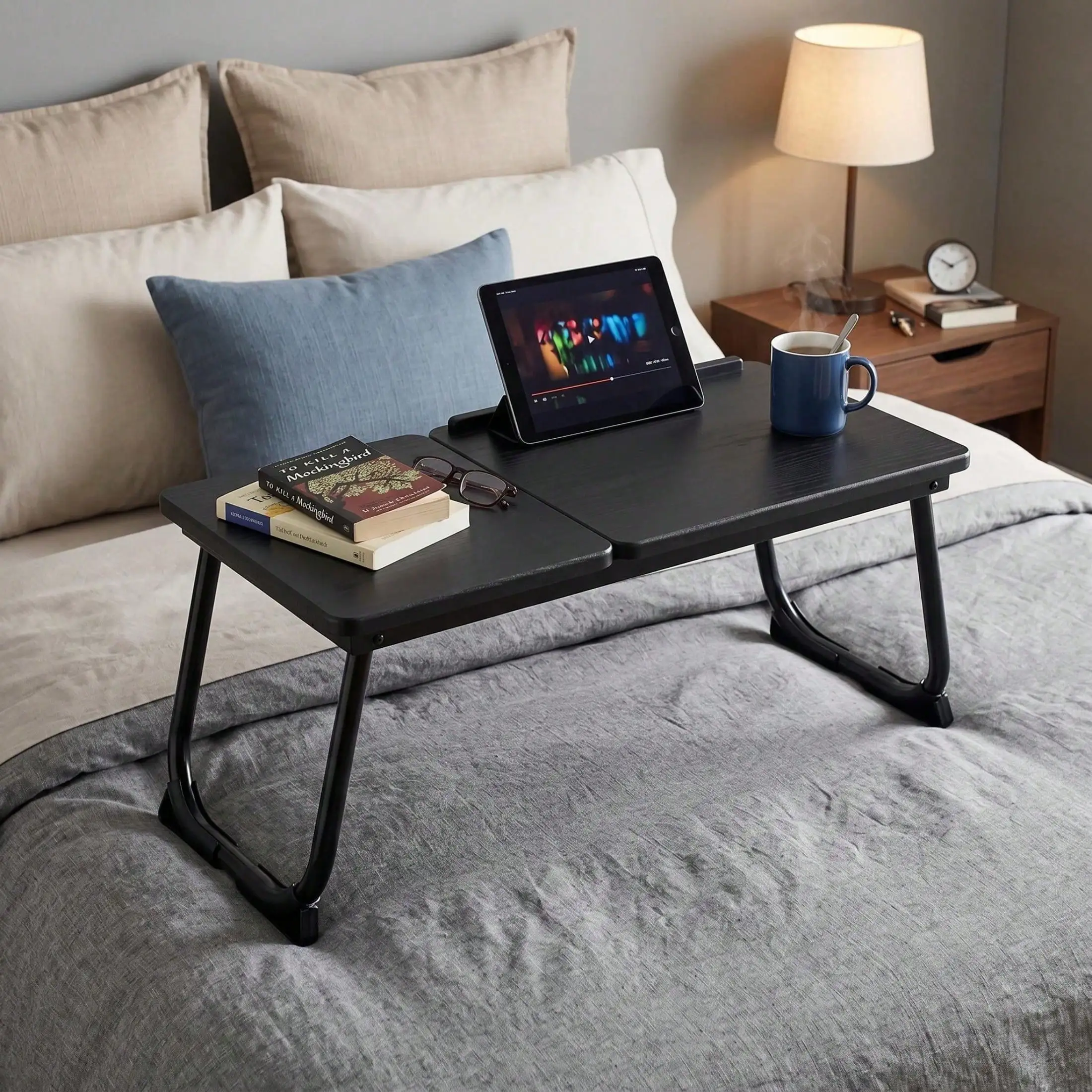 Folding Table With Adjustable Tilt Top And Foldable Legs, Black Woodgrain