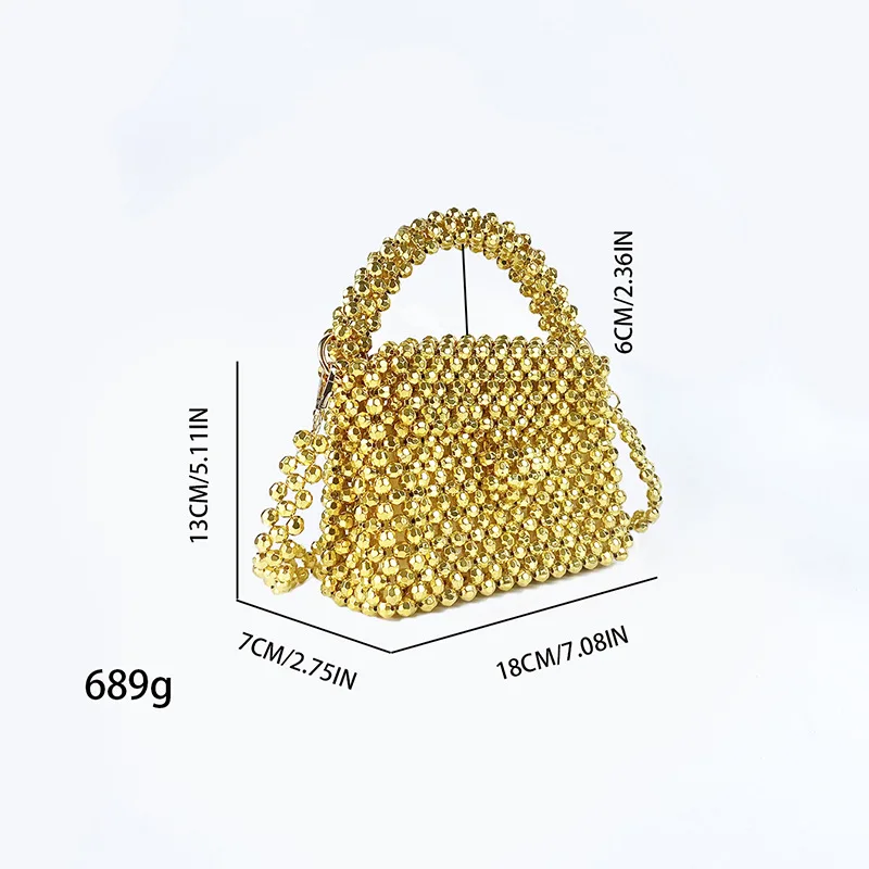 New Gold Acrylic Beaded Crystal Bags Metal Texture Handheld One Shoulder Crossbody Chain Customized Women\'s Small Square Bag