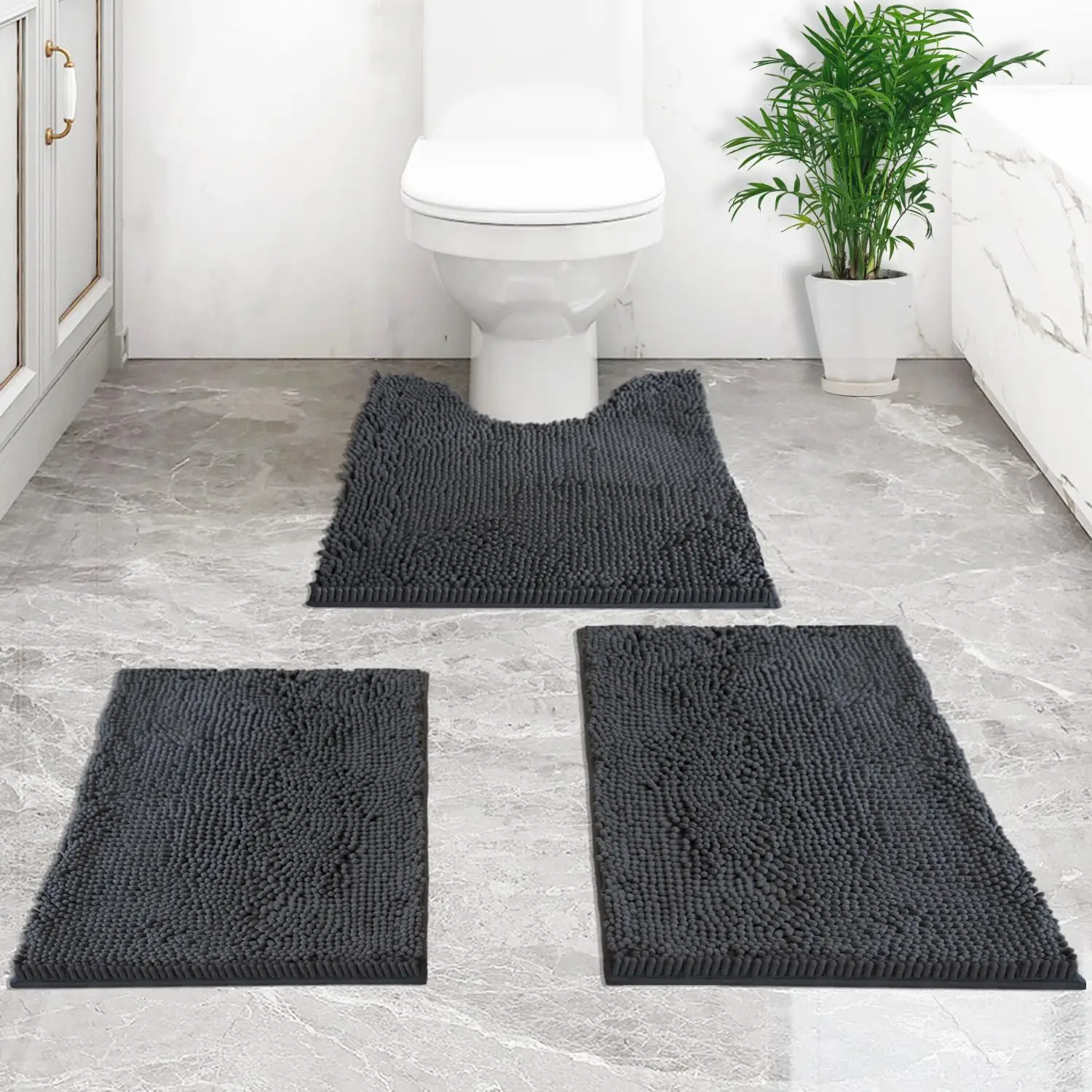 Bathroom Rugs sets 3 Piece Chenille bathroom rugs Extra Thick Absorbent Strong PVC Non-Slip Underside for Bedroom Kitchen