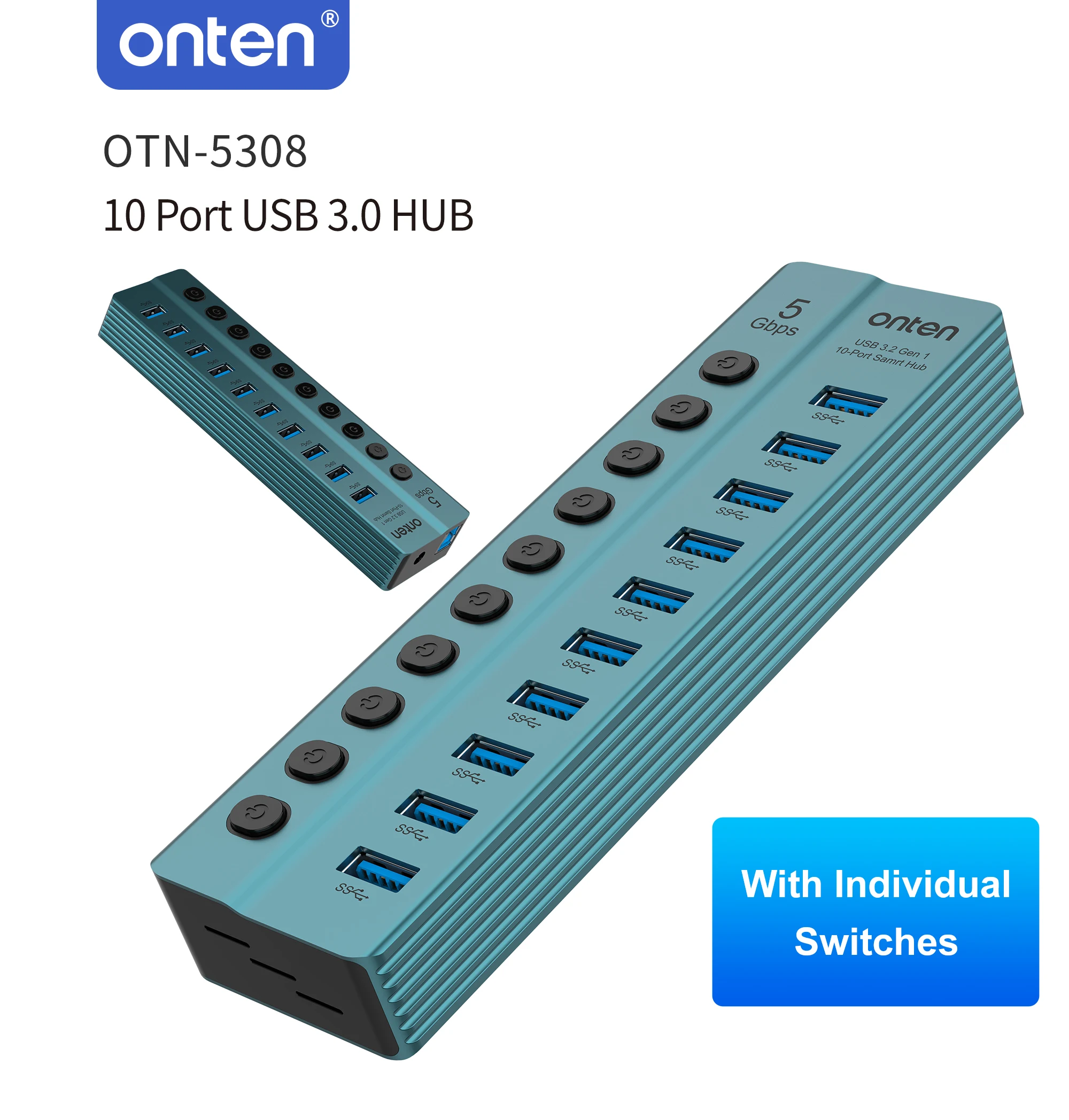 ONTEN Original OTN-5308 10 Port USB 3.0 HUB  With Individual Power Switches