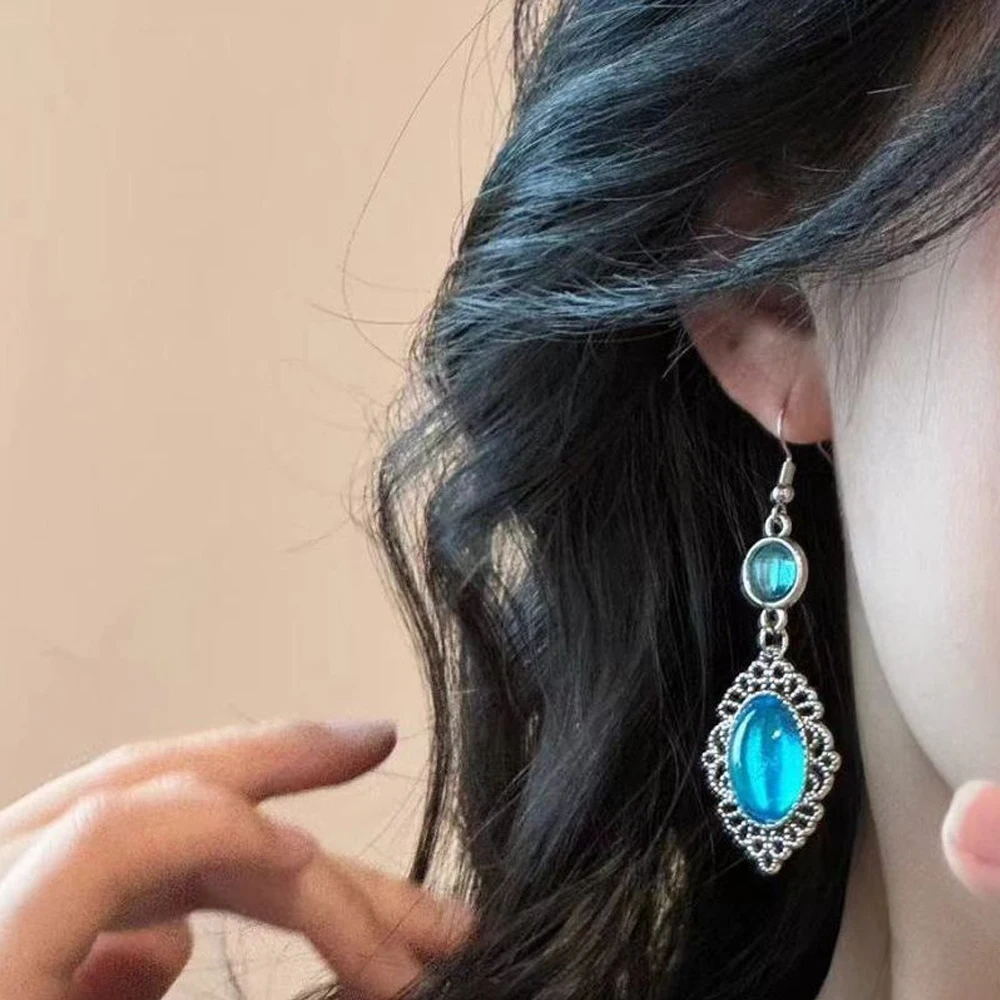 Bohemian Blue Oval Earrings Vintage Silver Dangle Drop Pendant For Women Cutout Stone Ear Hooks Handmade Jewelry Handmade Gift