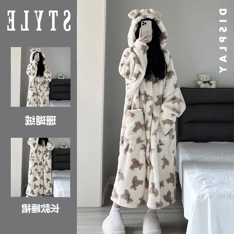 

plus Size Women's Long Coral Fce Robe Loose Comfortable Home Clothes Bear Print Spwear Winter Casual Dr Sle