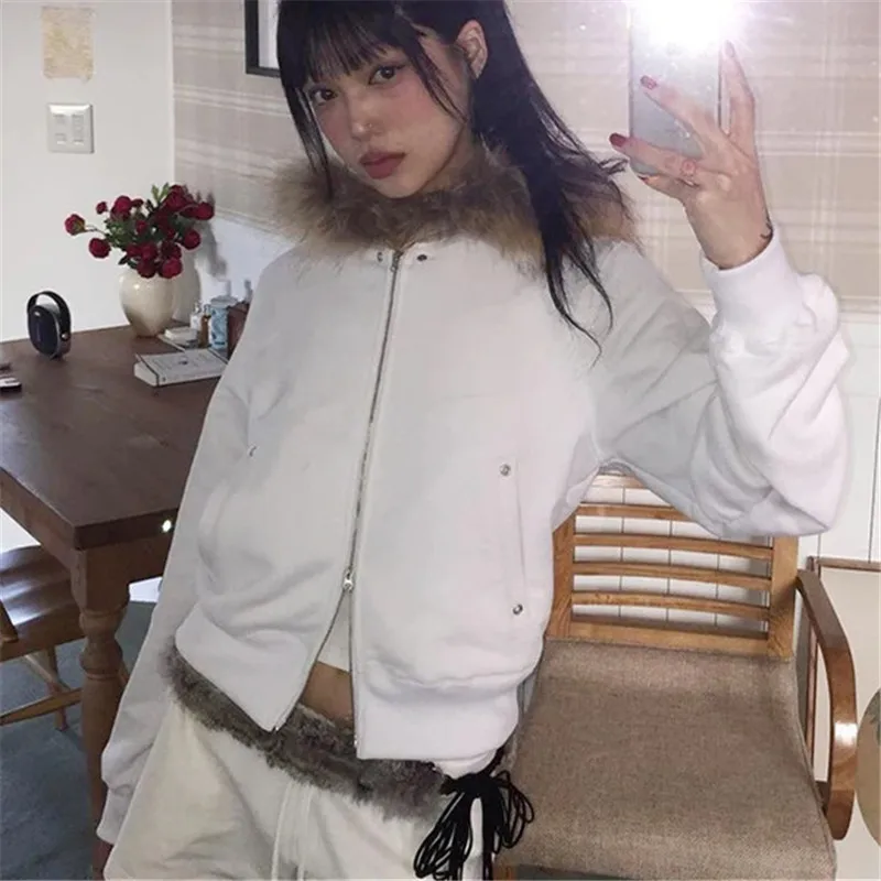 

Autumn Long Sleeve Zipper Plush Brim Hoodie with Pockets Women Cyber Grunge Hooded Coat E-girl Preppy Y2k Vintage Sweatshirt