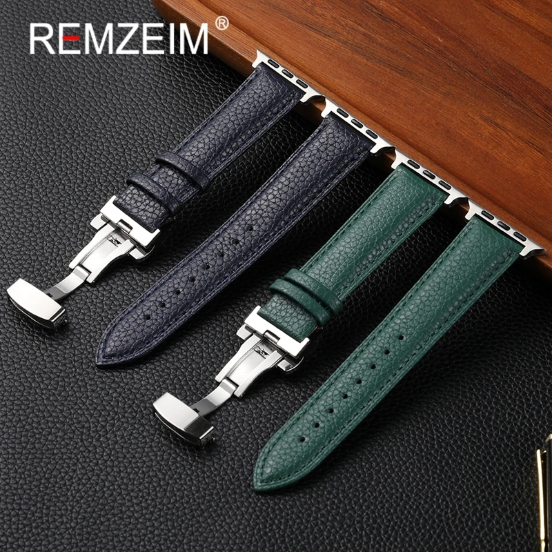 

Leather Smartwatch Band for Apple Watch 1-10 SE Ultra Butterfly Buckle Replacement Strap Fits 49/46/45/44mm and 42/41/40/38mm