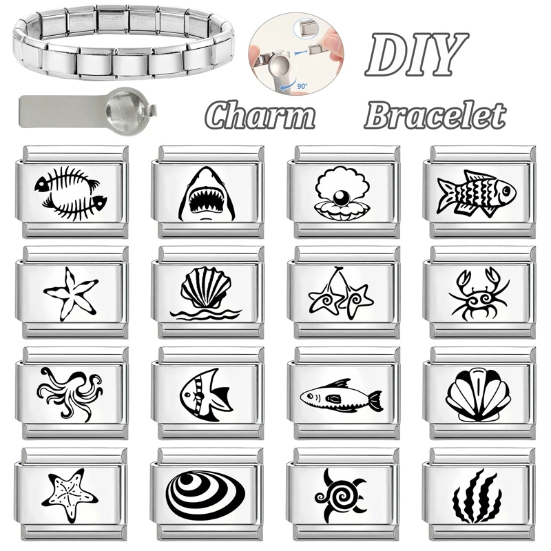 Fashion Laser Engraving Marine Organisms Charm Italian Links Fit 9mm Bracelet Stainless Steel Making DIY Jewelry Gifts Wholesale