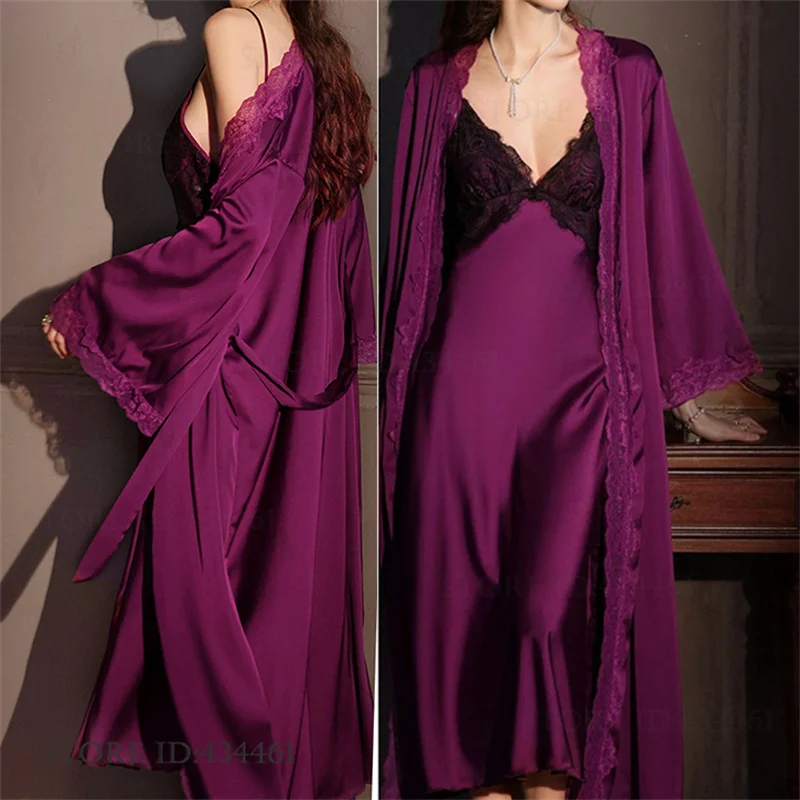 Elegant Female Long 2PCS Robe Set Nightgown Sexy Lace Trim Nightdress Lingerie New Ice Silk Satin Sleepwear Kimono Gown Bathrobe