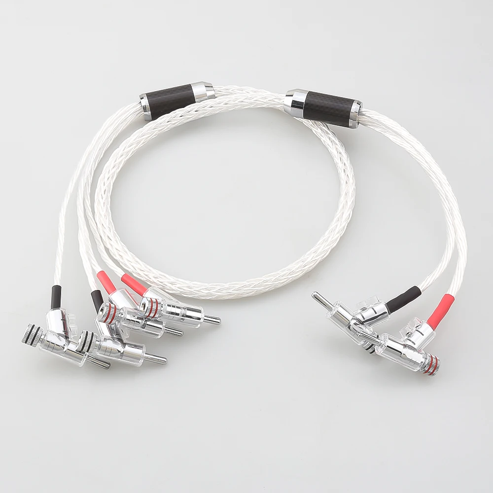 

Top quality Audio 8AG Silver Plated OCC Biwire Speaker Cable with right angled 2 Banana to 4 banana Plug loudspeaker cable HIFI