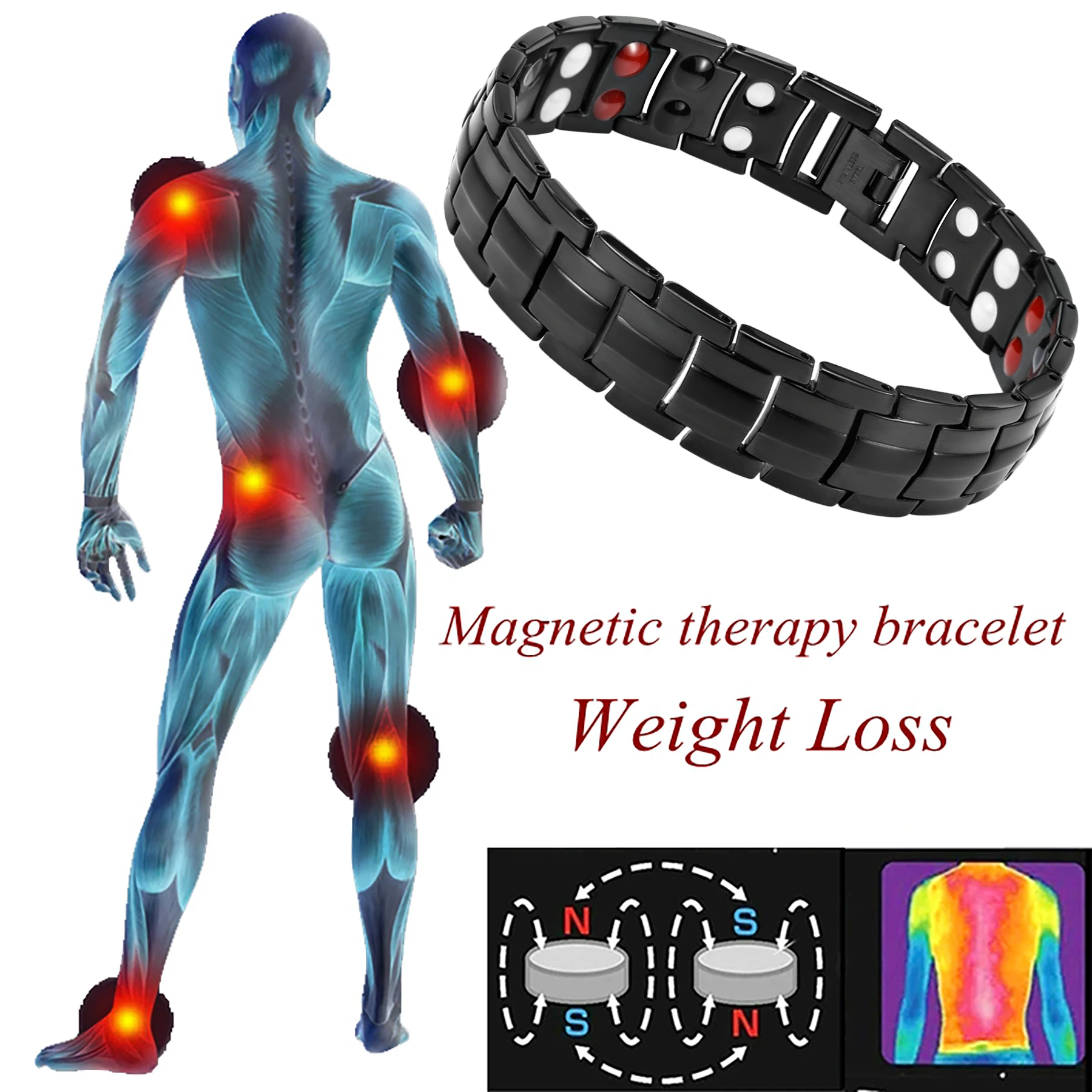 

Men Weight Loss Bracelet Fashion Stainless Steel Double Row Strong Healthy 4 in 1 Bio Element Energy Magnetic Bangle