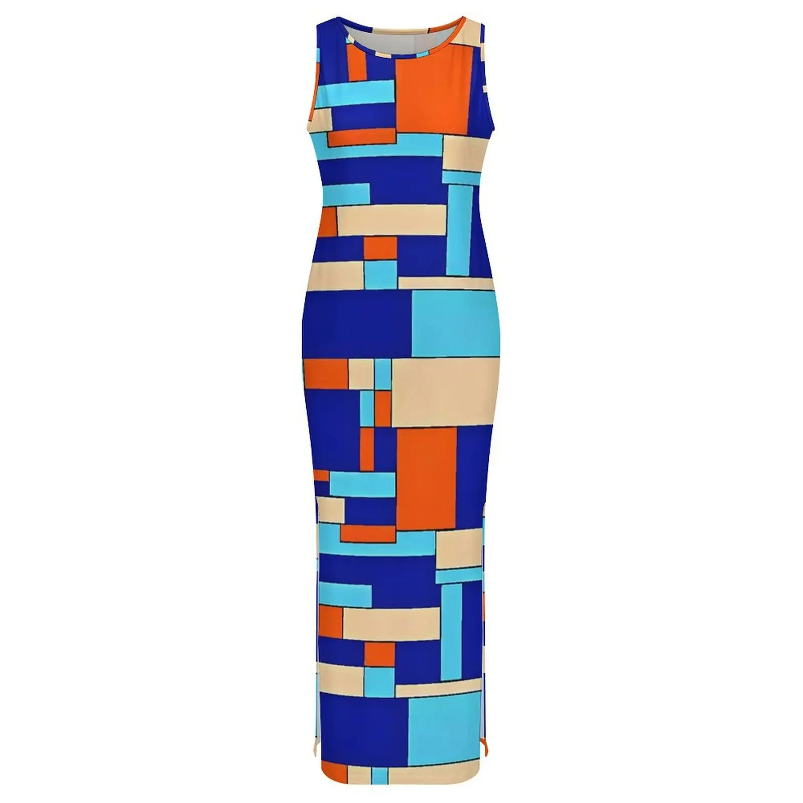 Women Bodycon Dress Vintage Contrast Color Maxi Dresses Summer Blue Cream and Orange Sleeveless Korean Fashion Design Dress