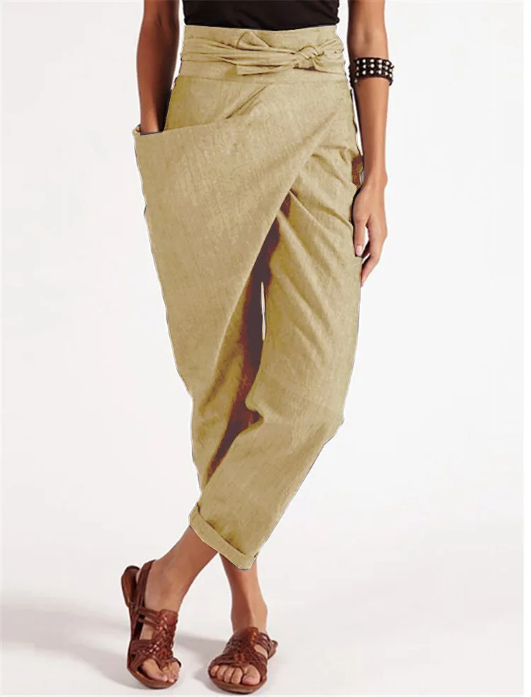 2025 European and American Women's Clothing Irregular Lace-up Nine-point Pants Casual Pants Women