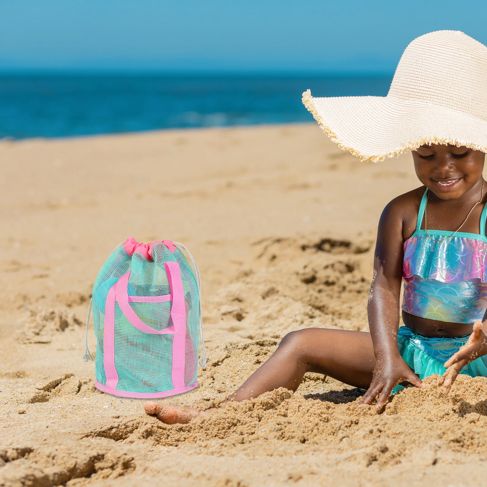 Tas Pantai Mainan Tali Serut Anak-anak Bermain Pasir dengan Tas Jaring Penyimpanan Nilon Anak Jaring