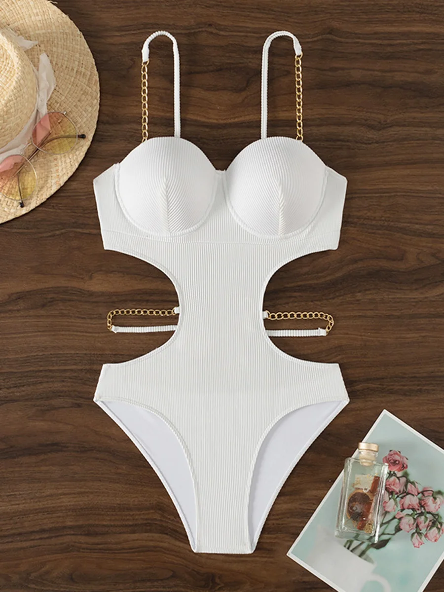 Sexy gerippter Bügel-BH-Badeanzug für Damen, einteiliger rückenfreier Monokini, hoch geschnittener Badeanzug, Schwimmbodysuit