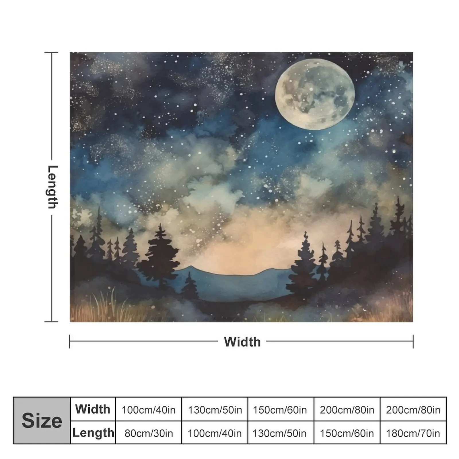 A Starry Night in the Woods with a Full Moon - Boho Watercolor Night Sky Throw Blanket Nap Stuffeds Bed Fashionable Blankets