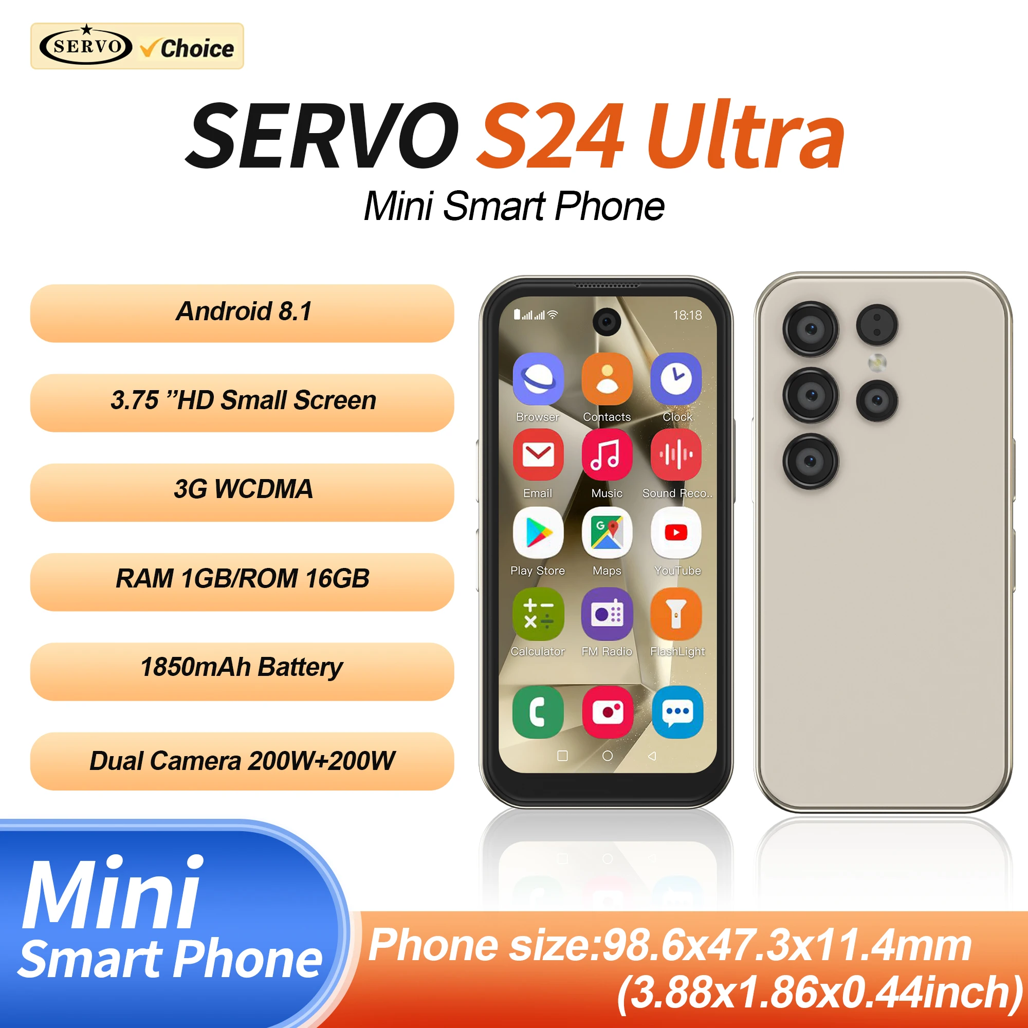 SERVO Android Mini Smartphone 2 SIM Standby 3G WCDMA 1GB RAM 16GB ROM WiFi Play Store Face Unlock 3.75