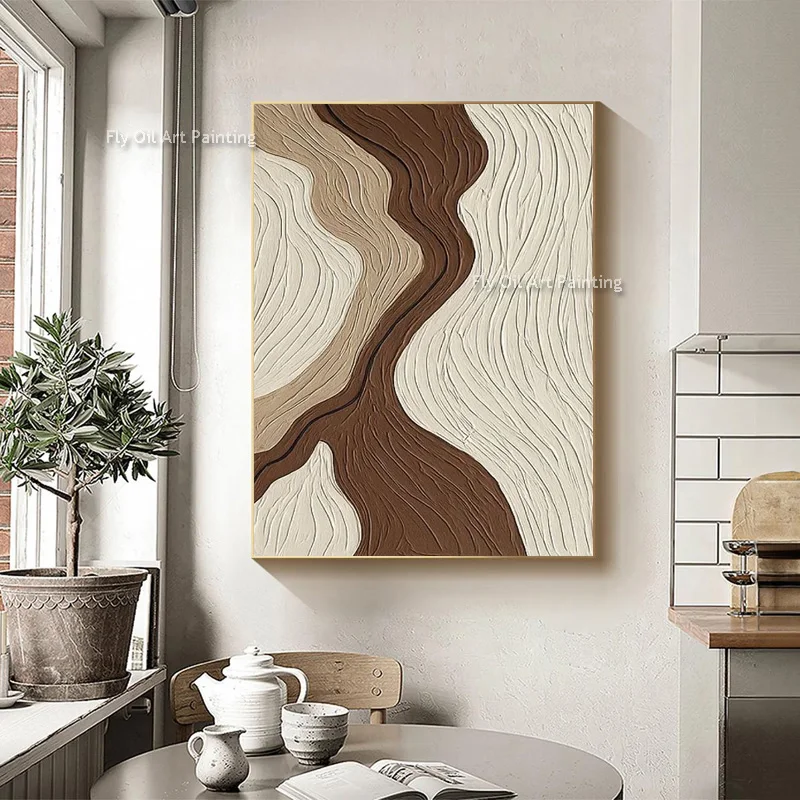 100% Hand Painted Palette Knife Swirl Abstract Art, Earth Tone Curved Relief Painting, Neutral Decor For Bedroom