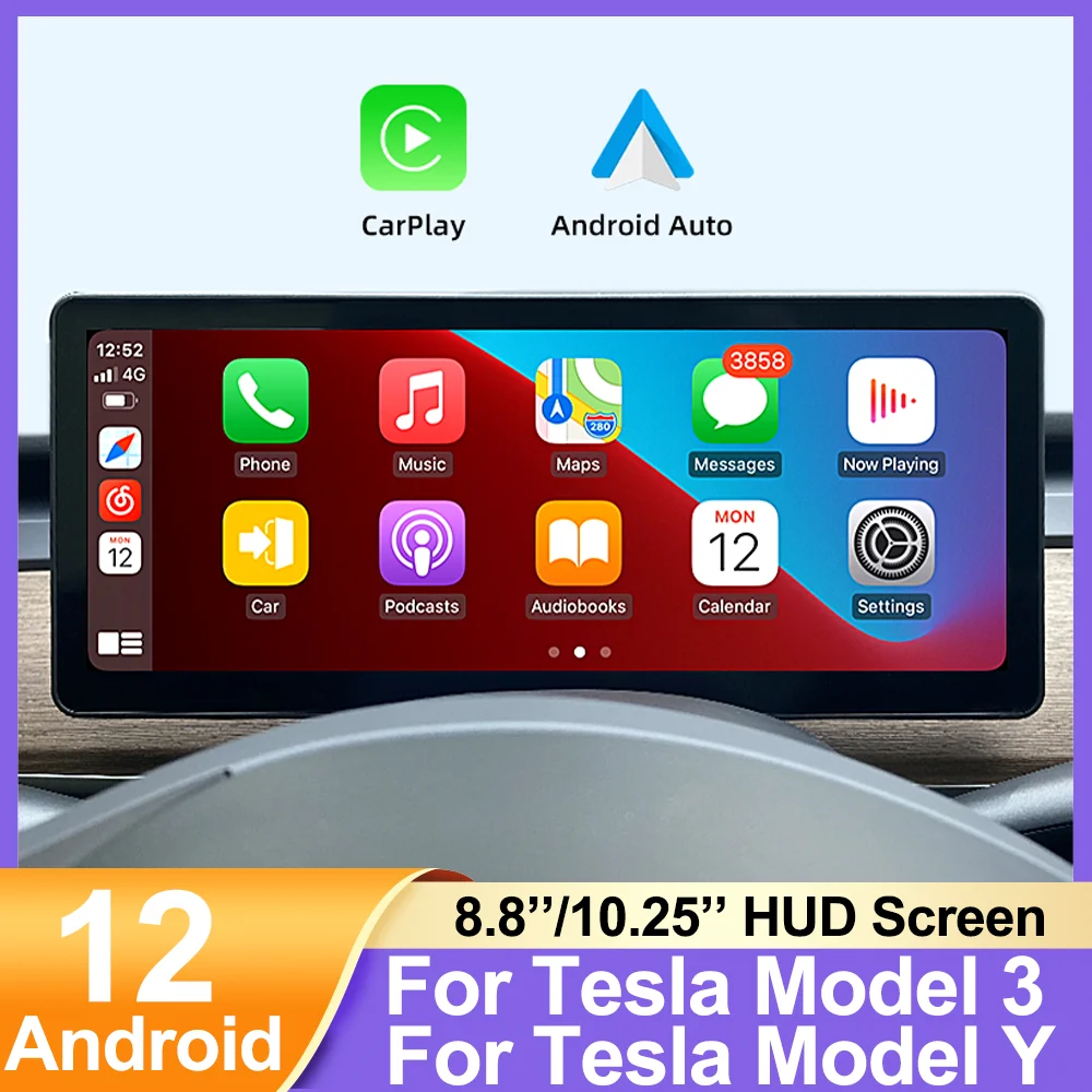 HUD Screen for Tesla Model 3 / Model Y Digital Dashboard Heads Up Display Support Wireless Carplay Android auto Android 10.25‘’