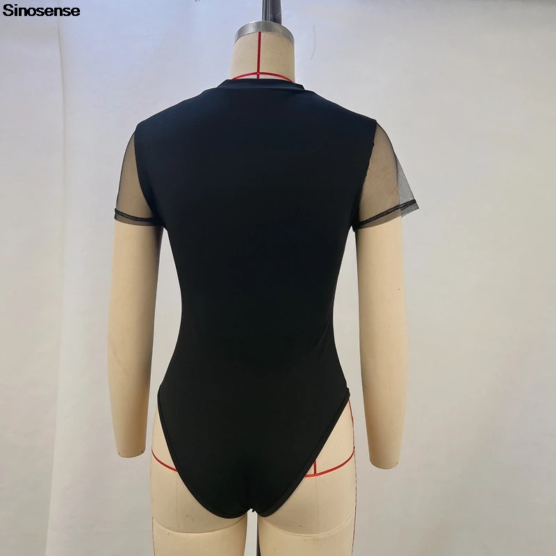 여성 우아한 메쉬 패치 워크 꽉 바디 슈트 반팔 모의 목 쉬어 탑 Y2K 외출 Stret Date 나이트 클럽 파티 레오타드