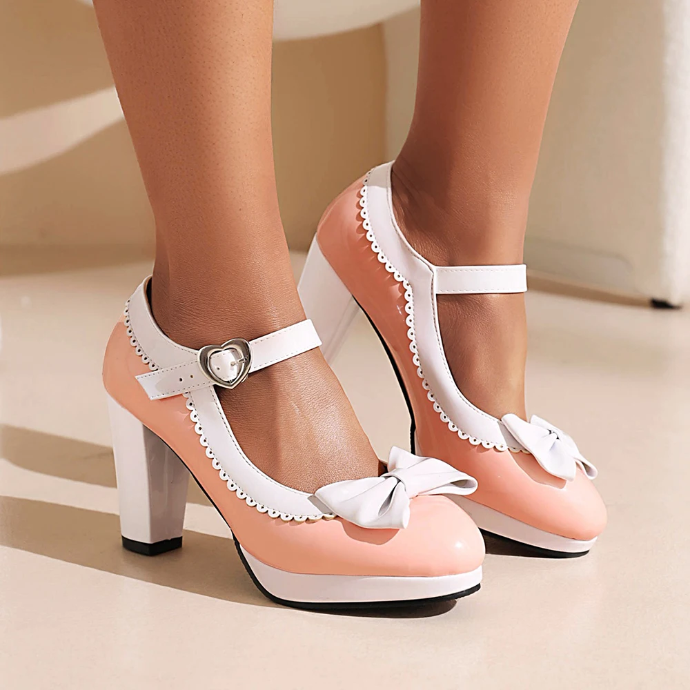 Sweet Mary Jane High Heels Women\'s Bow Pumps Patent Leather Woman Thick Platform Lolita Women Party Shoes Buckle Shallow Shoes
