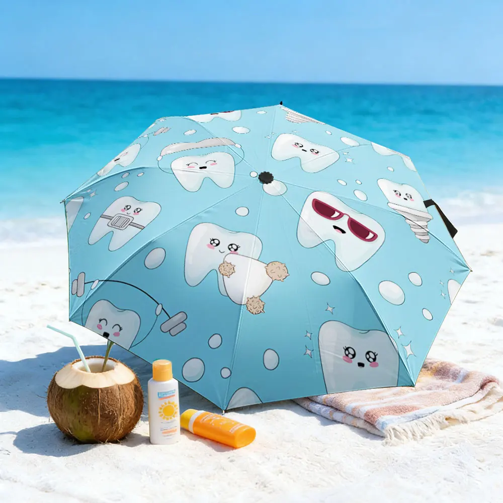 1PC Cute Tooth-Themed Umbrella by the Lake Print 8 Iron Ribs Folding Umbrella Auto-Open Fashion Sunshade
