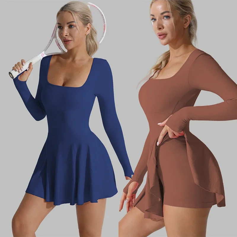 Women U-Neck Sexy Slim Sports Sets Long Sleeve Golf Skorts Backless Cross Tennis Dress With Short Yoga Suits Sportswear Skirt