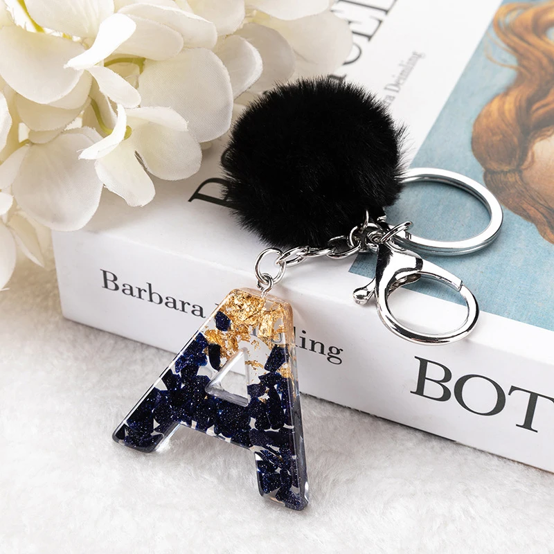 Black Gold A-Z Initial Alphabet Letter Keychain With Plush Pompom Resin Sequin Initial Keyring Women Bags Charms Car Key Chain