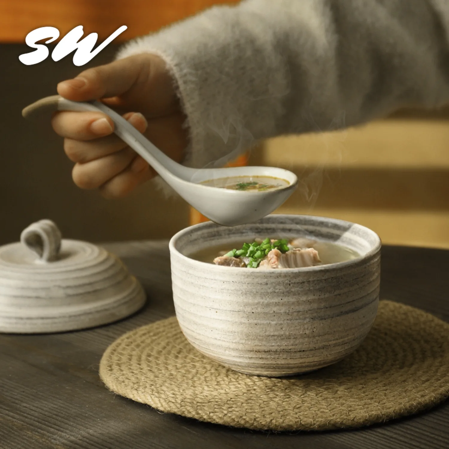 Sanwu Japanese retro stew cup soup cup household ceramic steamed egg custard bowl bird's nest water-proof stew with lid
