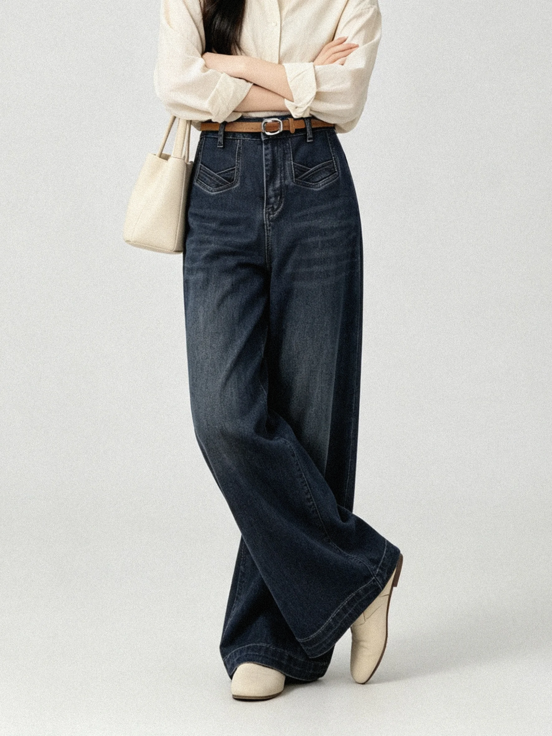High Waist Wide Leg Jeans Korean Style Versatile Slimming Autumn Blue Grey Denim Pants Elegant Casual High Quality