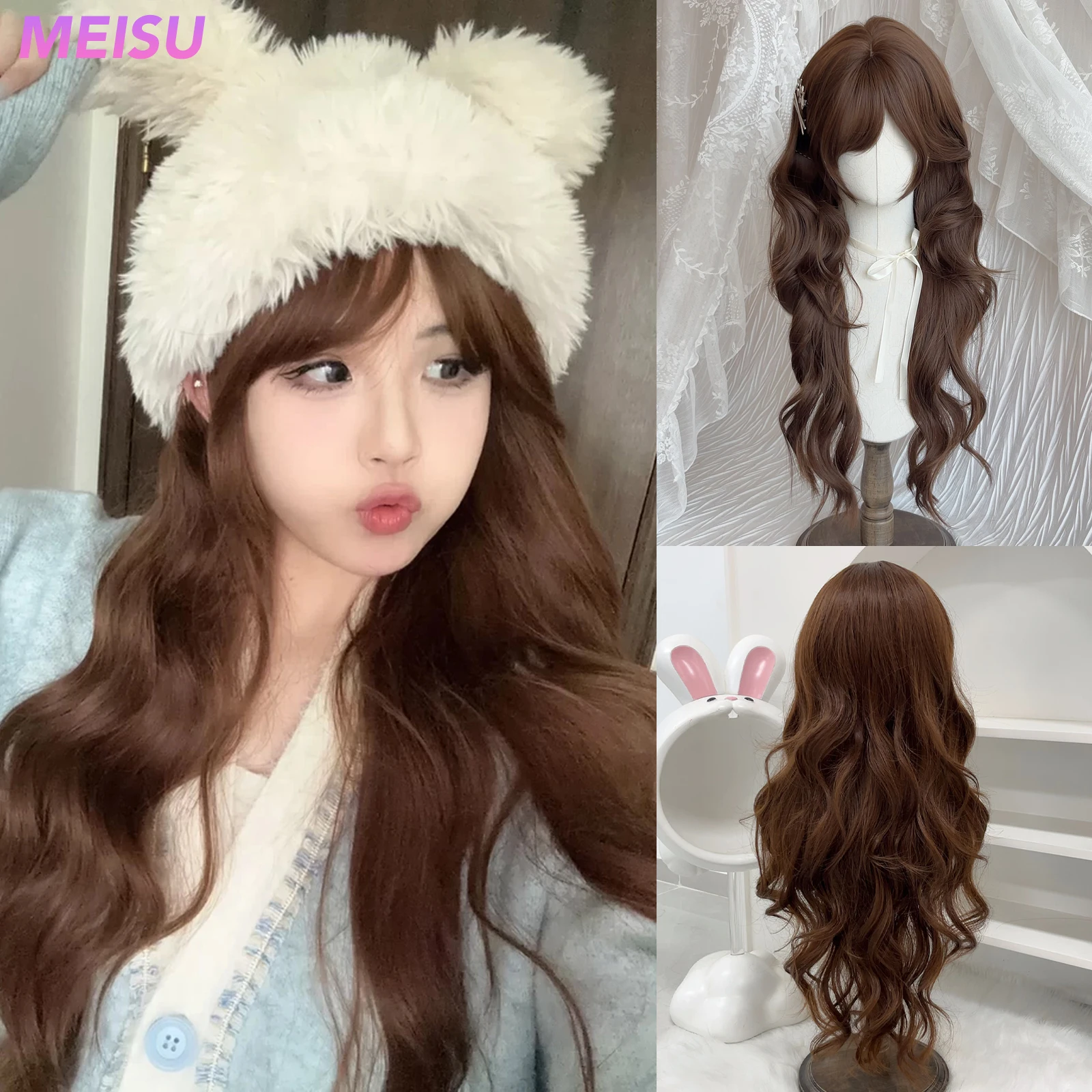 

MEISU 30-дюймовый длинный волнистый коричневый парик из синтетического волокна, термостойкие натуральные гладкие волосы для женщин, повседневное использование, милый парик с челкой