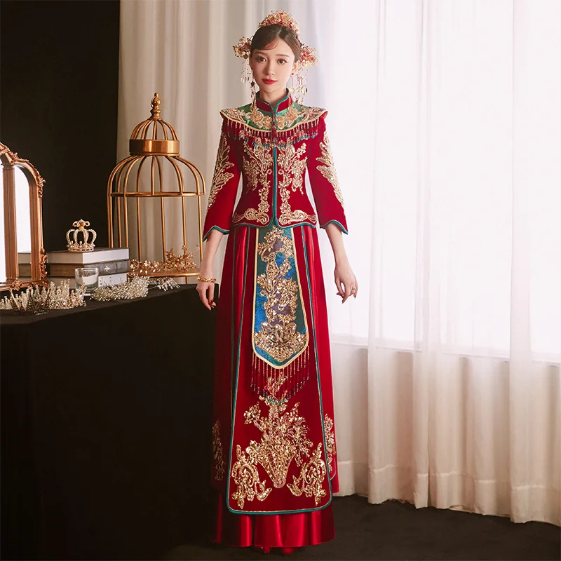 

Chinese Oriental Wedding Dress Women's Vintage Mandarin Collar Cheongsam Red Sequins Beading Embroidery Qipao Vestido