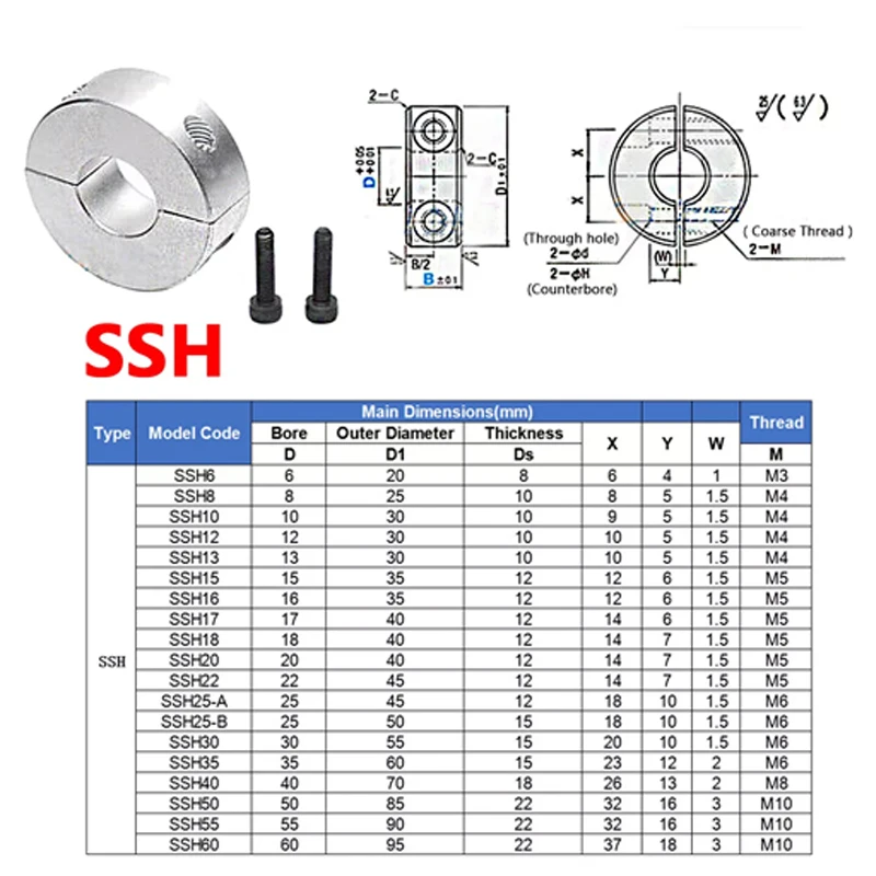 1Pcs Bore Shaft Collars SSH6 SSH8 SSH10 SSH12 SSH13 SSH15 SSH16 SSH17 SSH18 SSH20 SSH25~SSH60 Fixing Limit Ring Bush Stop Rings