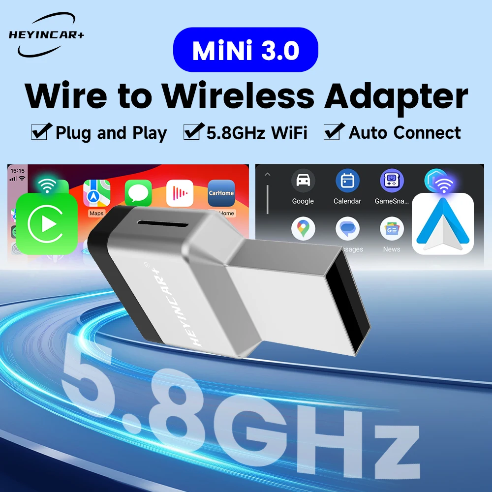 HEYINCAR Mini Air 2-in-1 Kabelloser CarPlay Android Auto Adapter 5,8GHz Plug-and-Play Dongle für Kabelgebundenes Carplay und Android Auto