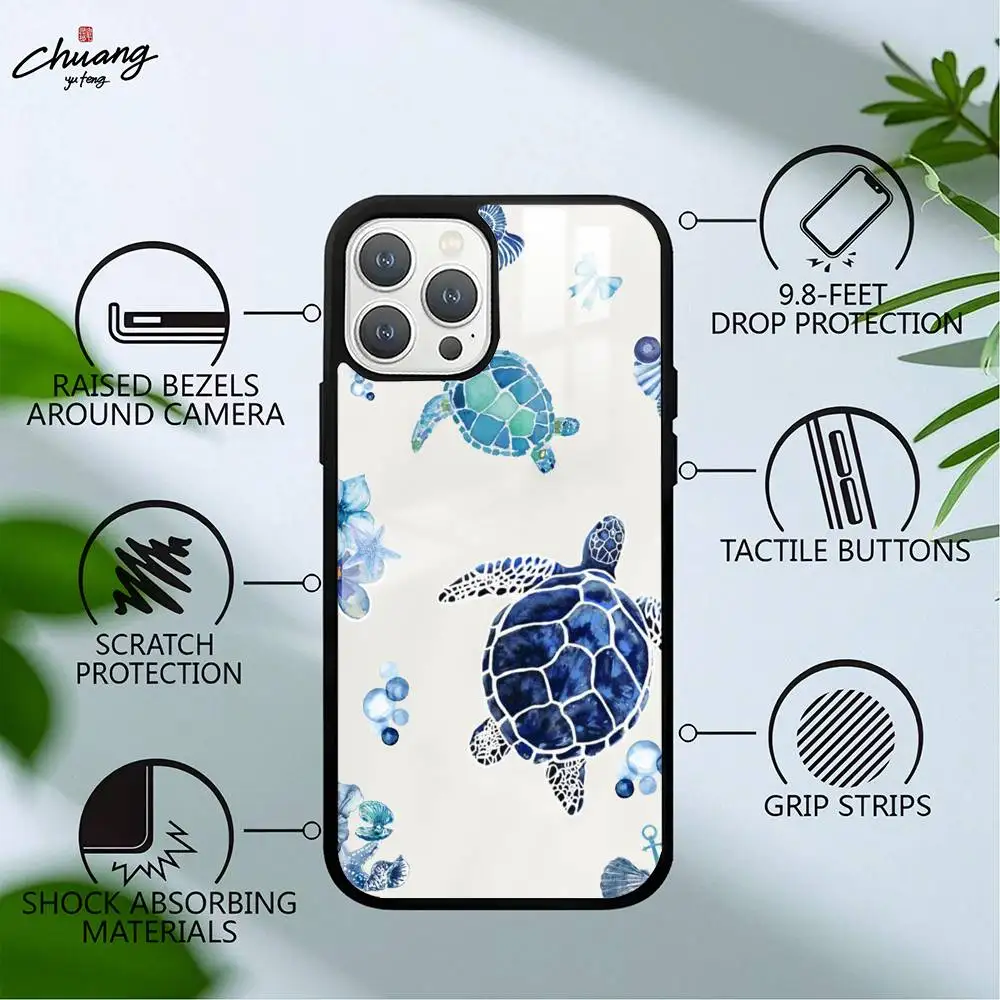 الحياة البحرية السلاحف البحرية الفن جراب هاتف آيفون 11 12 13 14 15 16Pro ماكس زائد نسيج زجاجي عالي الجودة