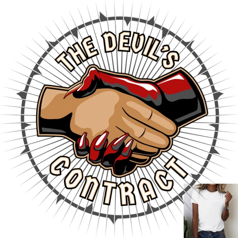 Trendy Dark Style 'The Devil's Contract' Hand - Shake Pattern Heat - Transfer White Ink Iron - on Decal, Suitable for T -