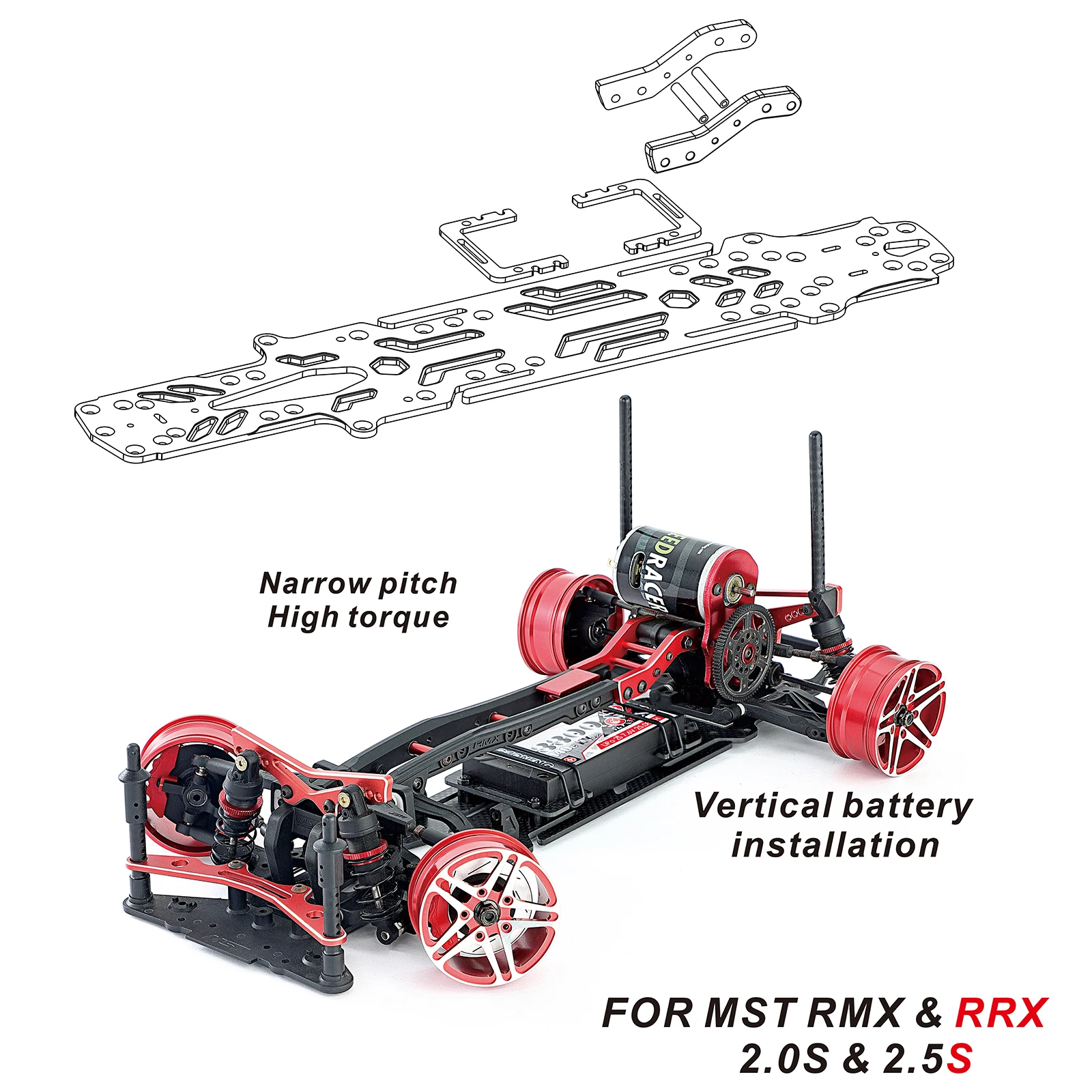 Narrow Vertical High Traction Carbon Fiber Chassis and Battery Holder for MST RMX & RRX 2.0S &2.5S 1:10 Drift Car