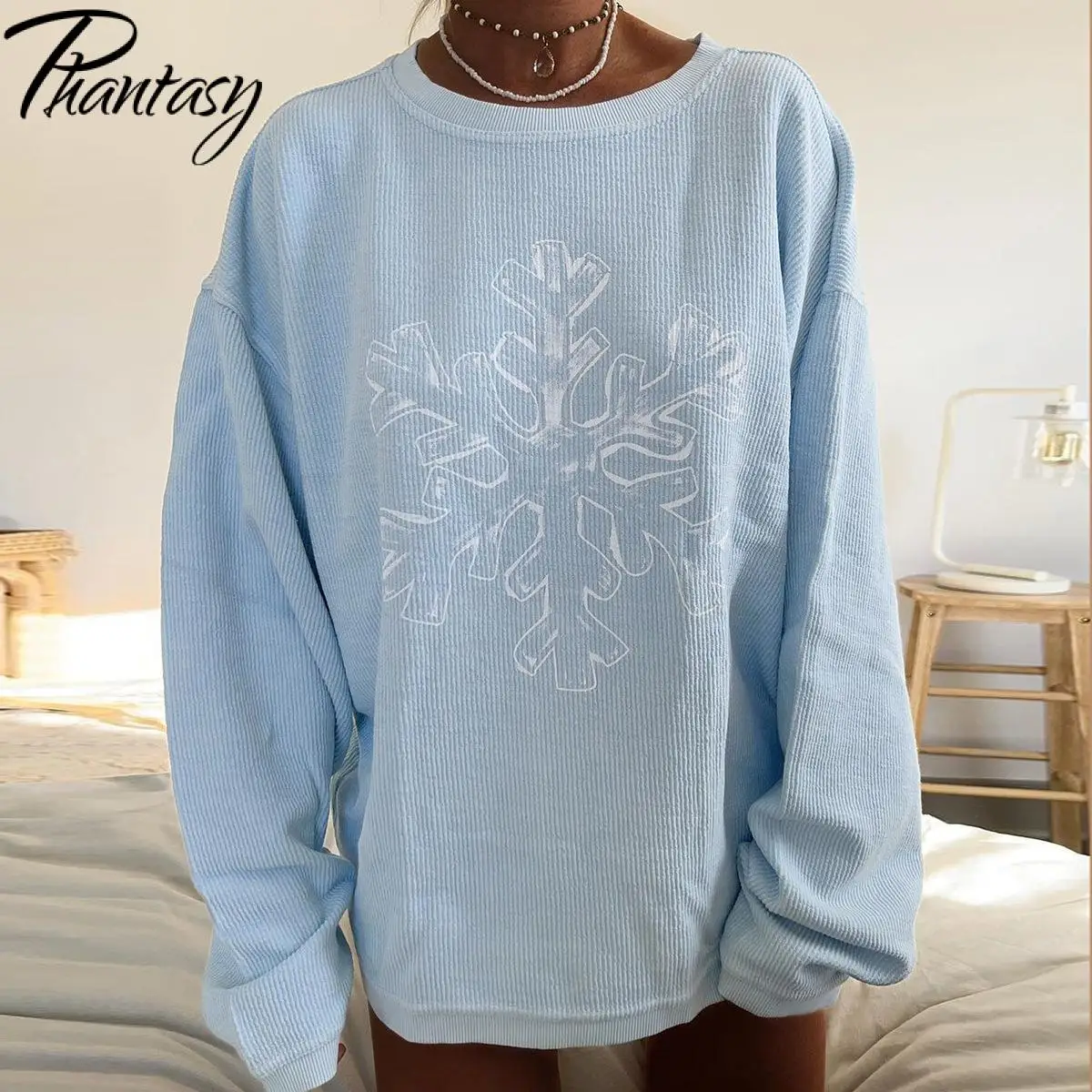 Phantasy Women Sweatershirt Loose Autumn Pullover Blue Sporty Sweatershirt O Neck Harajuku Streetwear Casual Female Clothing