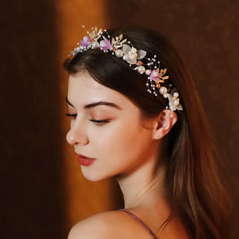 

Girl's Hair Band Hand-beaded Children's Hair Jewelry Golden Leaves Headwear Pearl Flower Headband