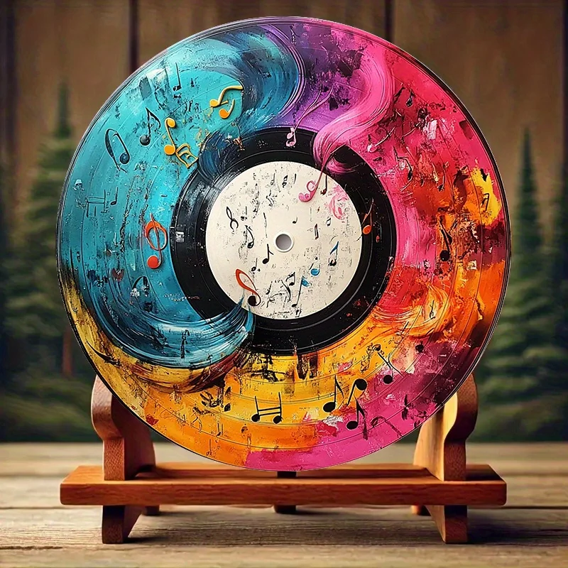 12-Inch Vibrant Vinyl Record Art with Musical Notes – Colorful Aluminum Round Decorative Piece for Home, Office, or Music-Themed