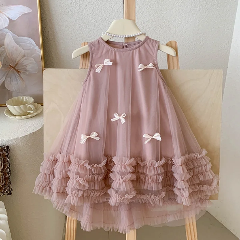 1-10Y Teens Kids Dresses for Princess Girls Sleeveless Three-dimensional Bow Mesh Lace Dress Elegant Children's Summer Clothing