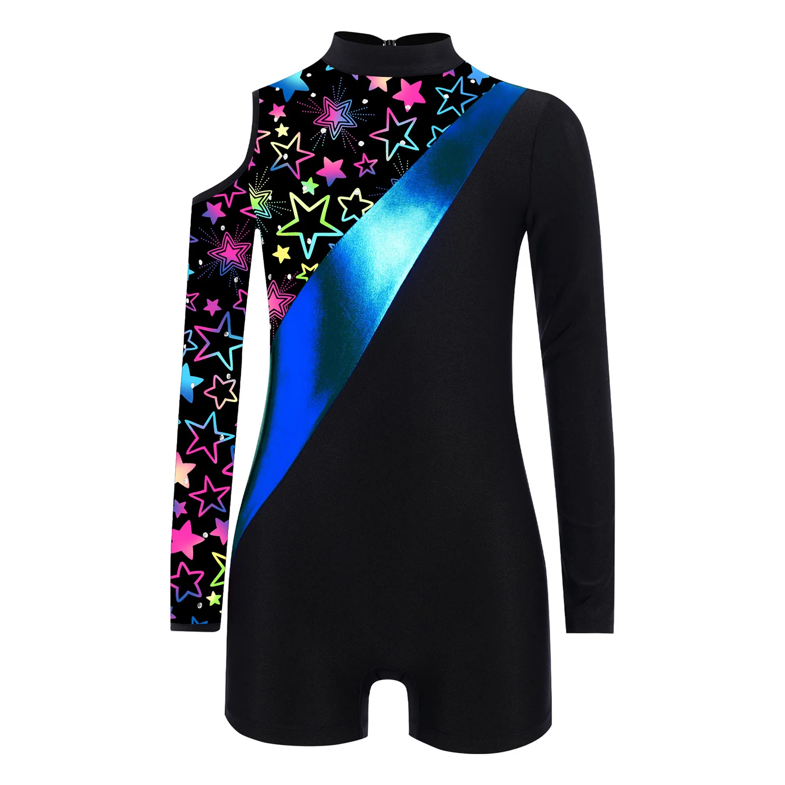 

Kids Girls Leopard Print Gymnastics Dance Jumpsuit Cold Shoulder Long Sleeve Shiny Rhinestone Color Block Leotard Ballet Leotard