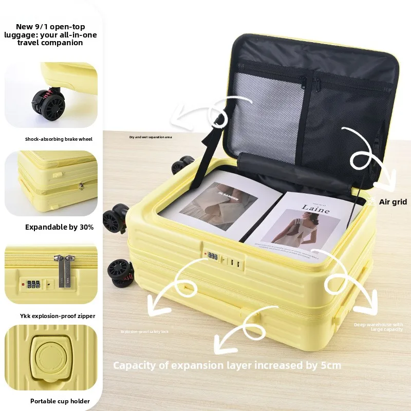 Side Opening Expandable 24 Inch Ultra Light Spinner Cabin Luggage Three Piece Set Trolley Suitcase Luggage Set Yellow Green