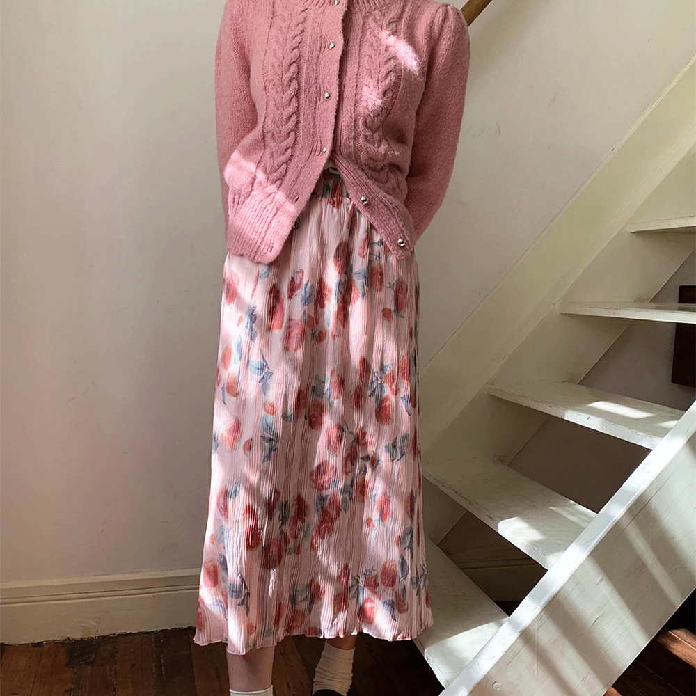 Vintage Pink Rose Flower Pleated Skirt Elegant Office Lady Mid-calf Skirts Loose Elasted High Waist Korean Style Summer Japanese