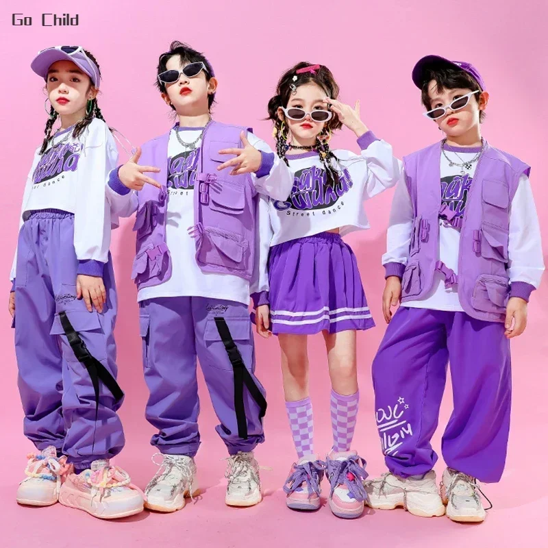 Hip Hop Girls Crop Top Skirts Purple Clothes Sets Boys Jazz Vest Sweatshirts Street Dance Cargo Pants Children Kids Streetwear