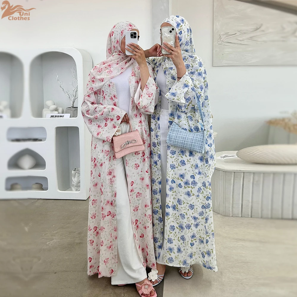 

Islamic Clothing Chiffon Modest Abaya Women Muslim Dress Front Open Printed Abaya 2025 With Hijab Scarf Two Piece Set for Summer