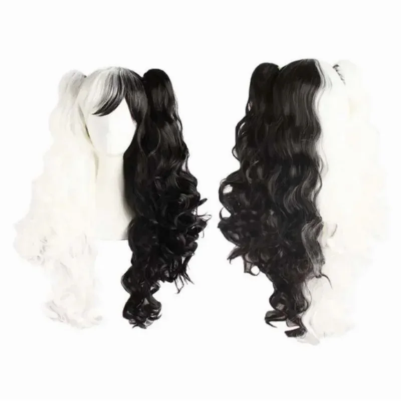 Danganronpa monokuma feminino longo rabo de cavalo encaracolado peruca cosplay traje branco preto mix resistente ao calor perucas de cabelo sintético peruca boné