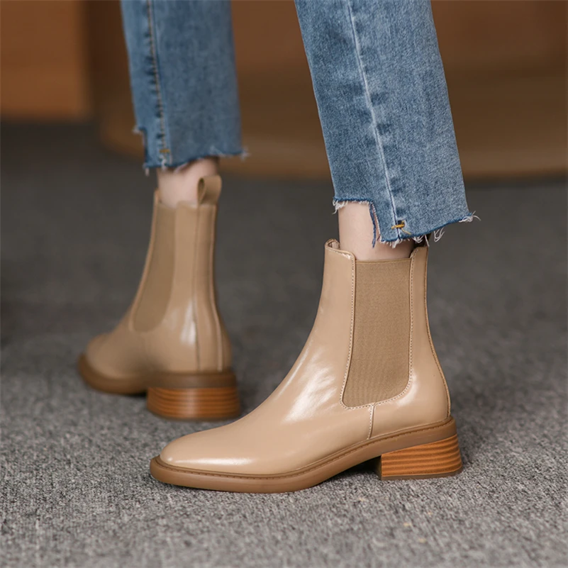 Meotina Women Real Leather Ankle Boots Thick Mid Heel Platform Chelsea Boots Square Toe Ladies Boots Autumn Winter Apricot 40