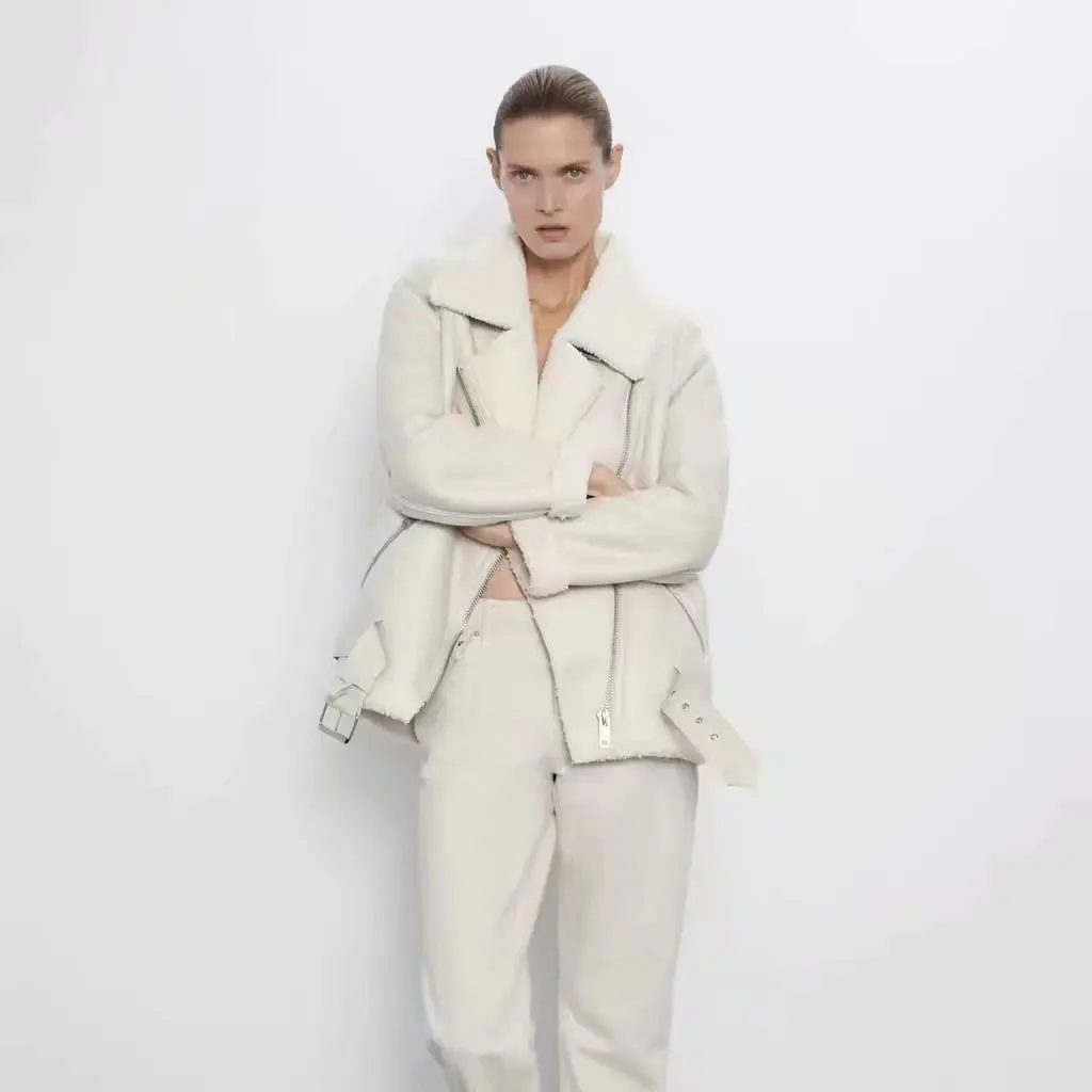 Biała kurtka z futra jagnięcego damska jesienno-zimowa modny styl skóra jelenia aksamit zintegrowana ciepła popularna odzież wierzchnia