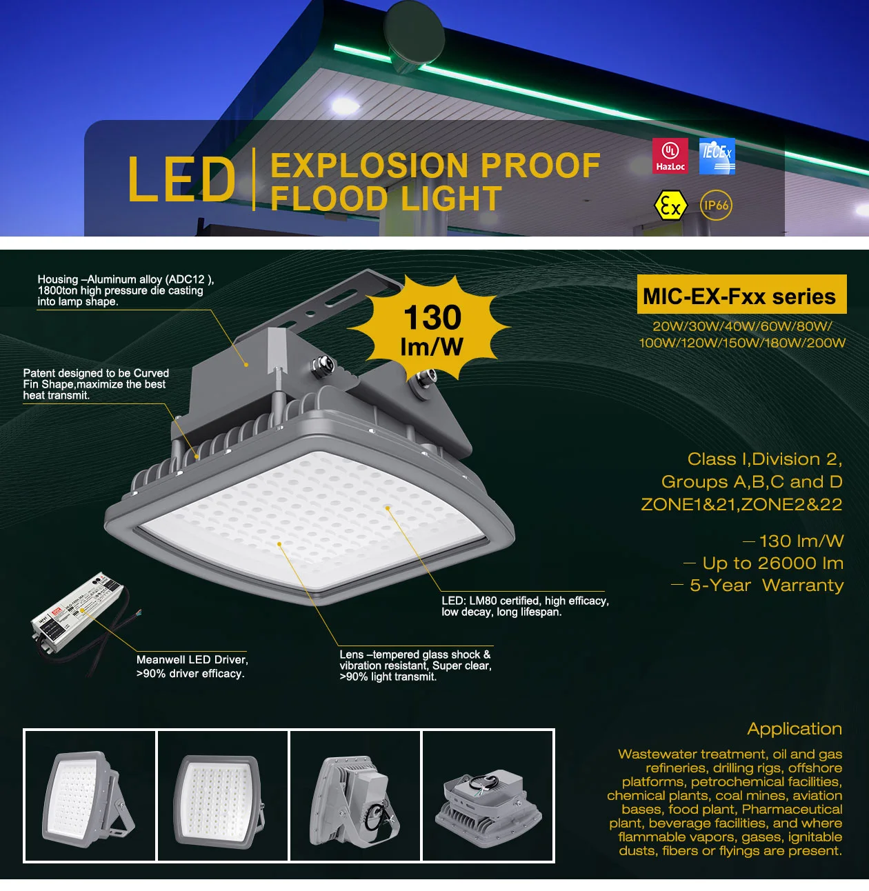 Factory EX Certificate Explosion-proof Light 20w 30w 40w 60w 80w 100w 120w 150w 180w 200w Atex Explosion Proof Led Floodlight