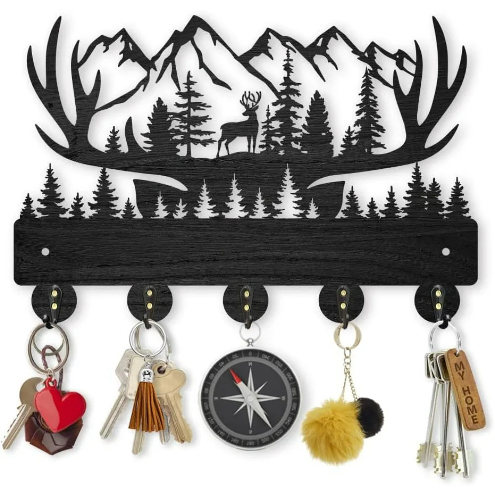 Deer Antlers Forest Coat Rack Wall Mount Wood Key Holder for Wall 11.8×7.9inch Forest Mountain Black Key Rack Hanger 5 Alloy